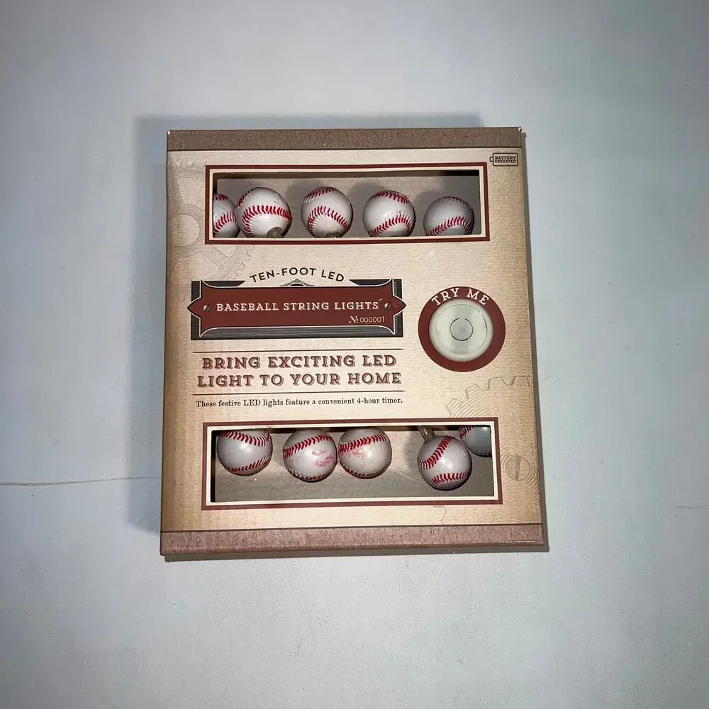 New In Box LED BASEBALL String Lights 4 Hour Timer 10 Foot Long Party Novelty